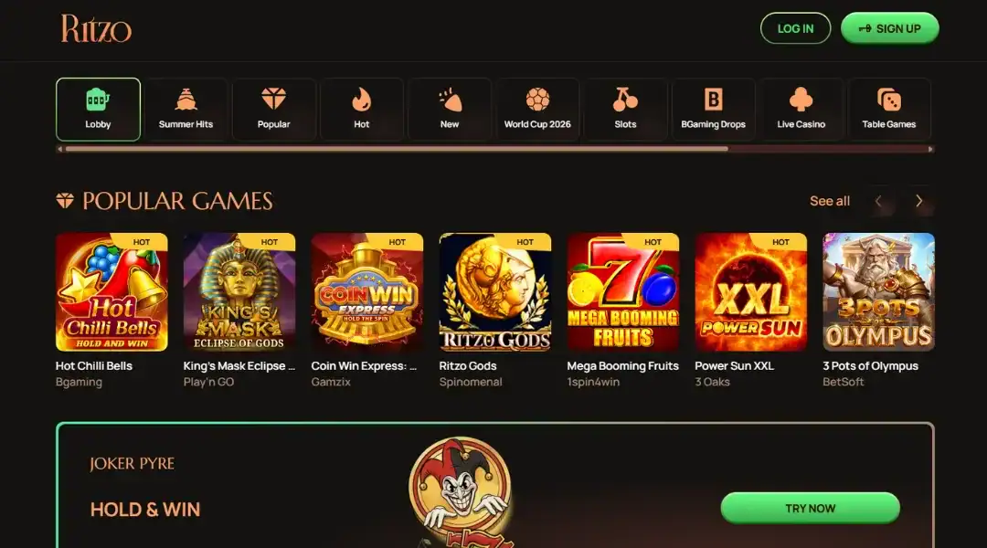 Ritzo Casino's homepage screenshot featuring a game lobby preview and a bonus.