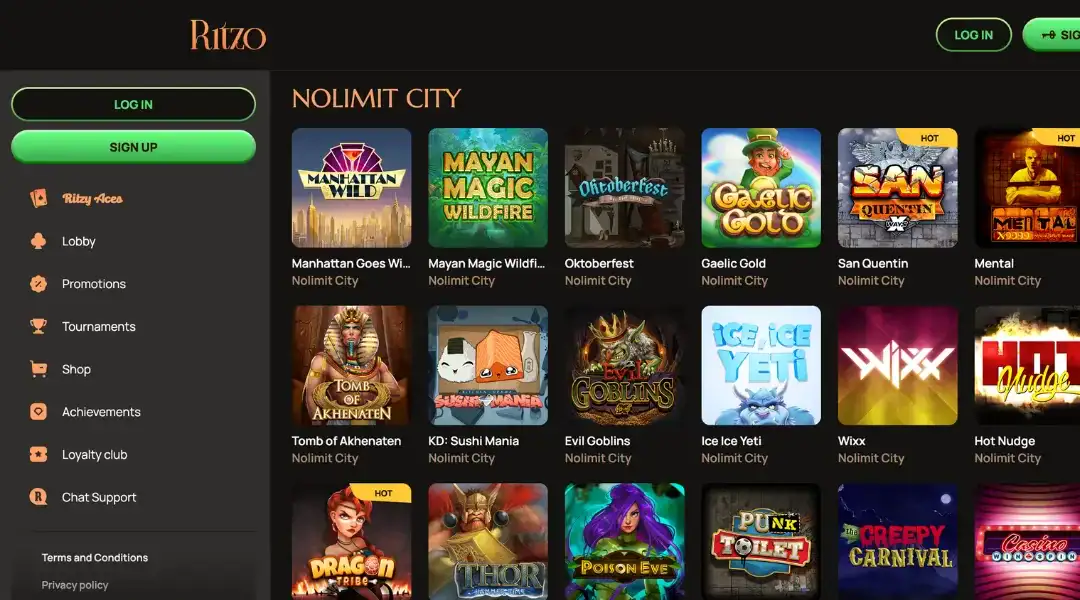 A grid of Ritzo Casino's Nolimit City game titles.