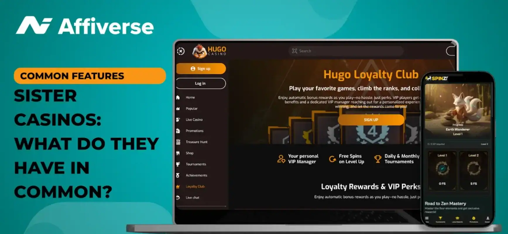 Laptop and smartphone displaying loyalty programs for Hugo Casino and Spinzen Casino side-by-side.