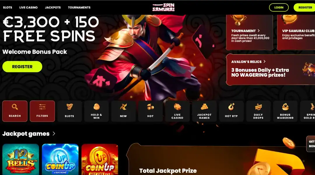 SpinSamurai Casino homepage displays the operator's games and bonuses.