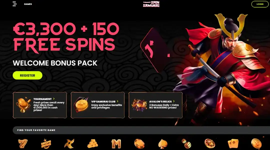 free spins welcome bonus on Spin Samurai casino homepage with samurai artwork.