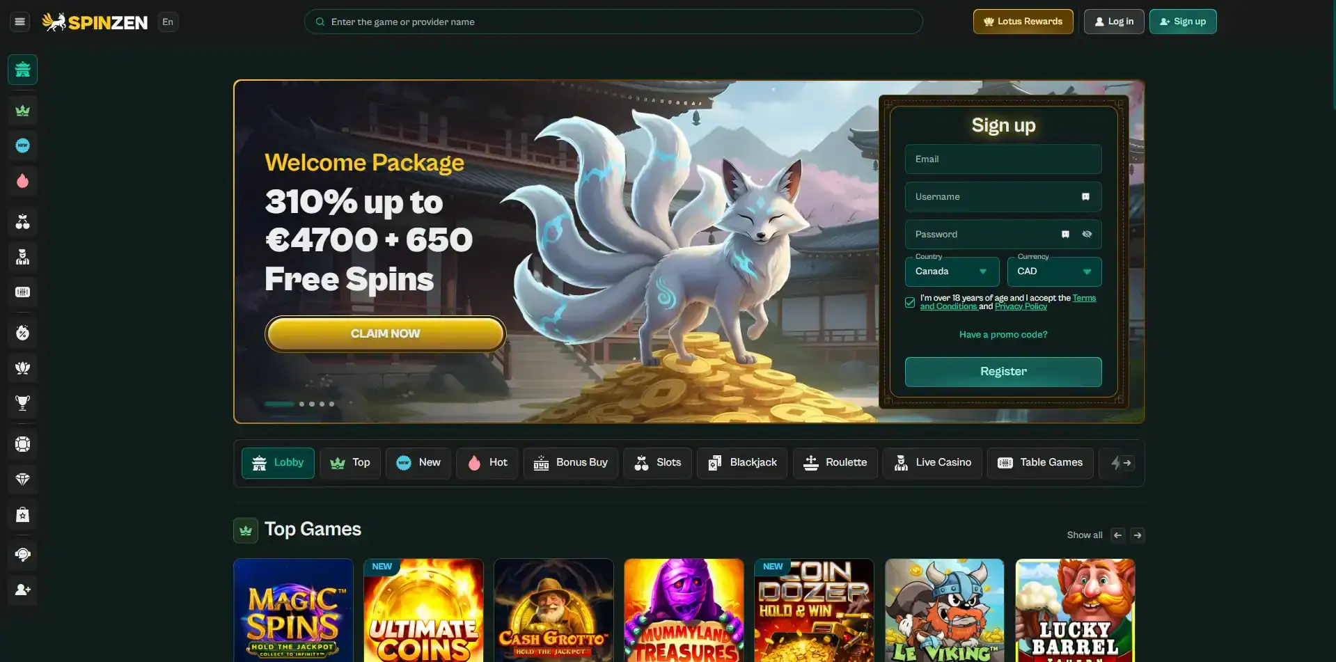 Spinzen homepage screenshot displaying game lobby with top games.