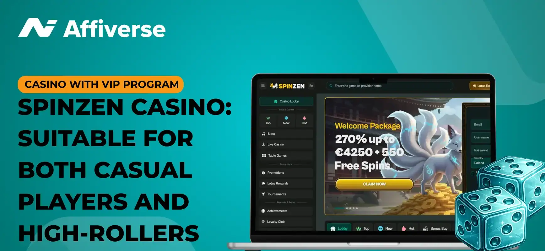 A screenshot showing the main page and welcome bonus of Spinzen Casino.