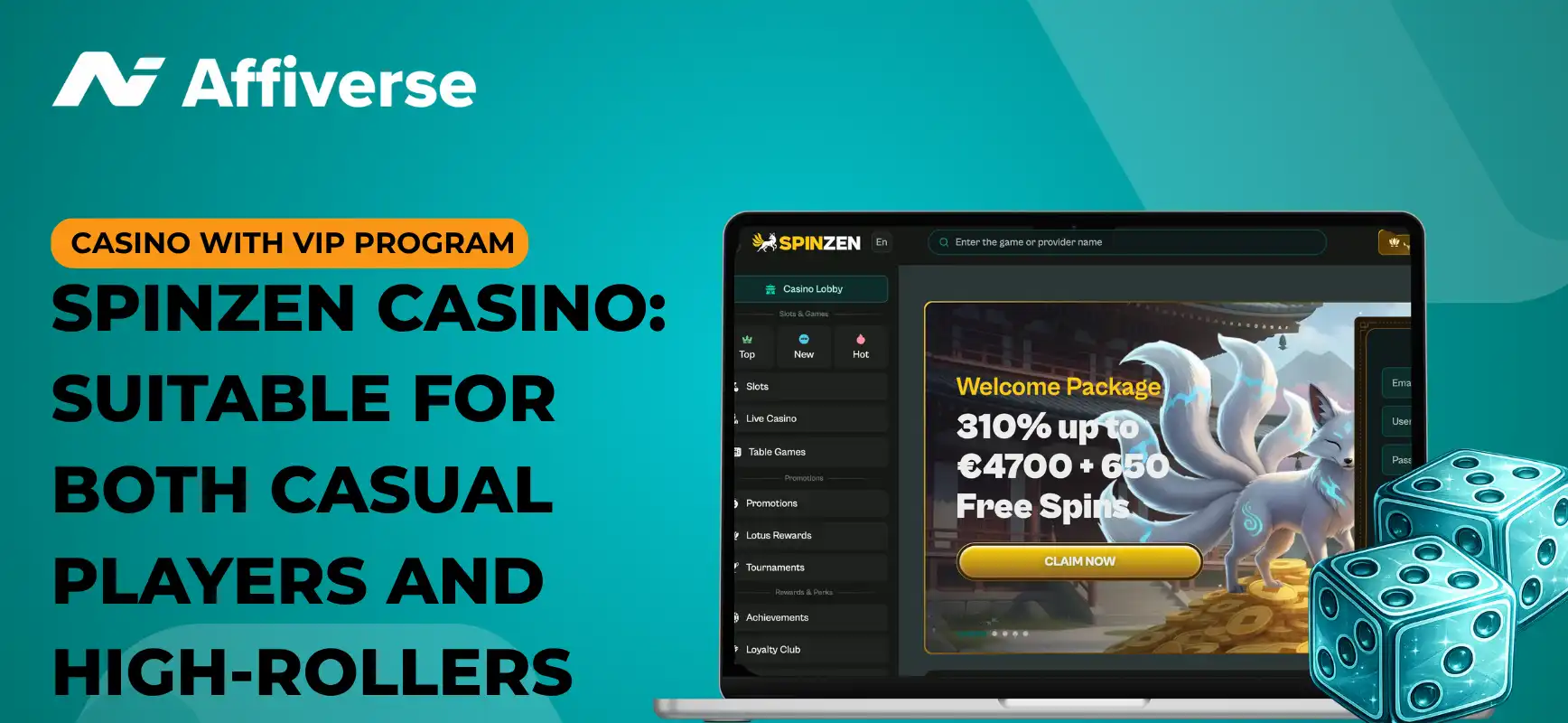 A screenshot showing the main page and welcome bonus of Spinzen Casino.