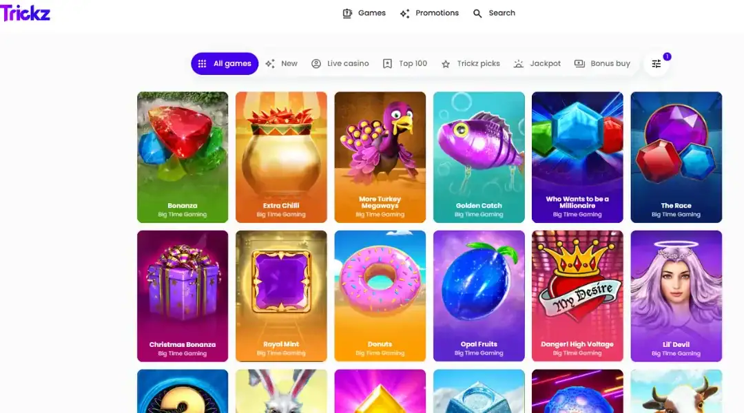 Trickz Casino's Big Time Gaming selection against a white background.