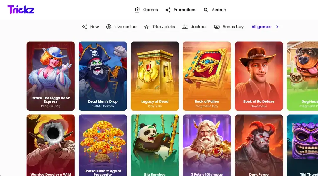 Screenshot of Trickz Casino homepage.