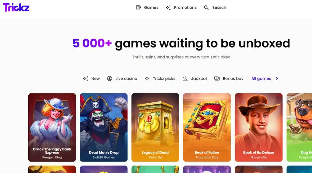 Trickz Casino homepage screenshot showing welcome bonus offer for players.