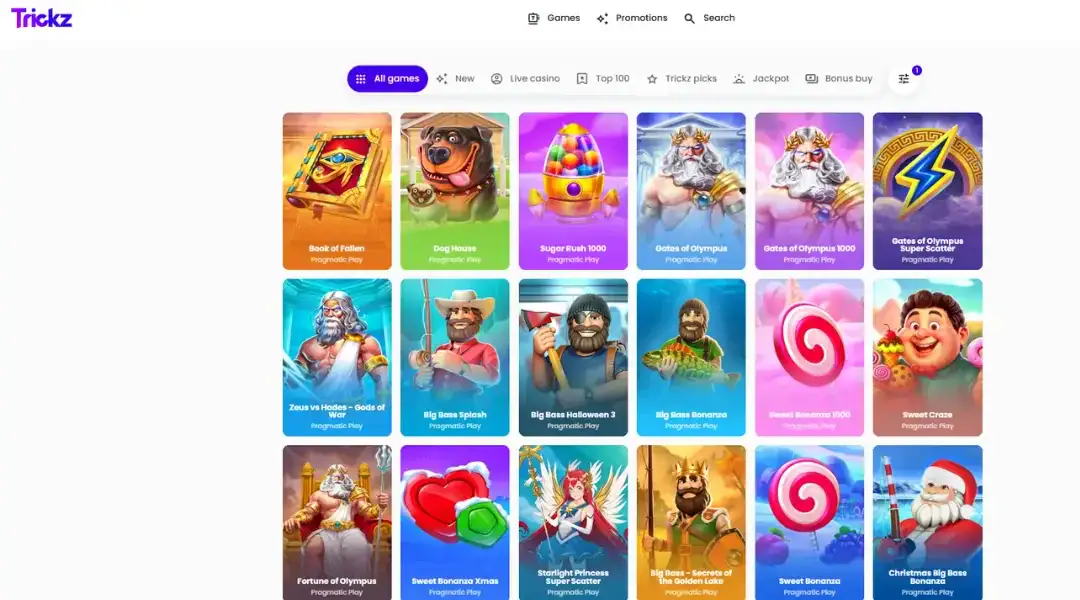 Trickz casino games page showing slot game tiles, categories, search, and promotions.