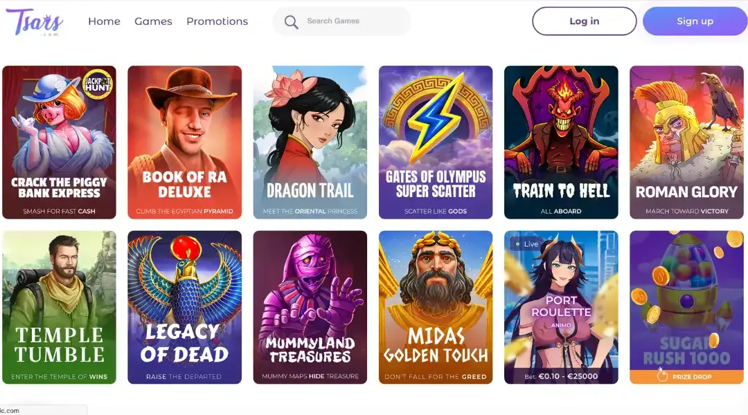 Top bonuses and games on offer at Tsars Casino.