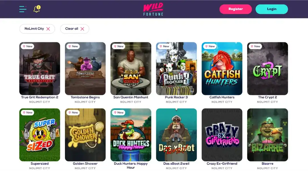 Wild Fortune Casino website game library featuring Nolimit City slots.