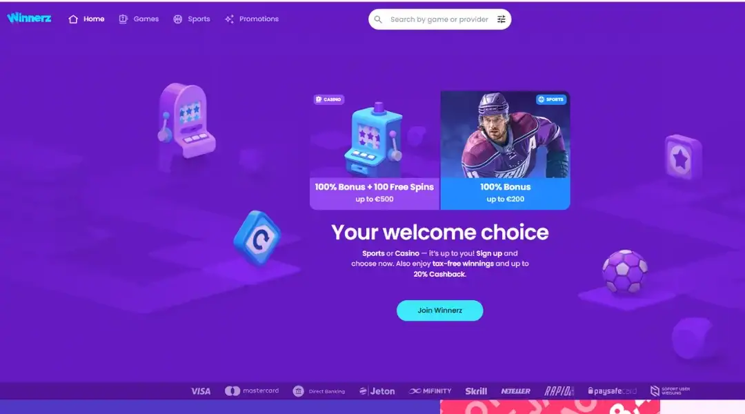 Winnerz homepage with casino and sports bonuses, welcome offer, and Join Winnerz button.
