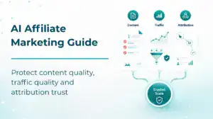 AI affiliate marketing guide graphic showing content, traffic and attribution feeding into trusted scale