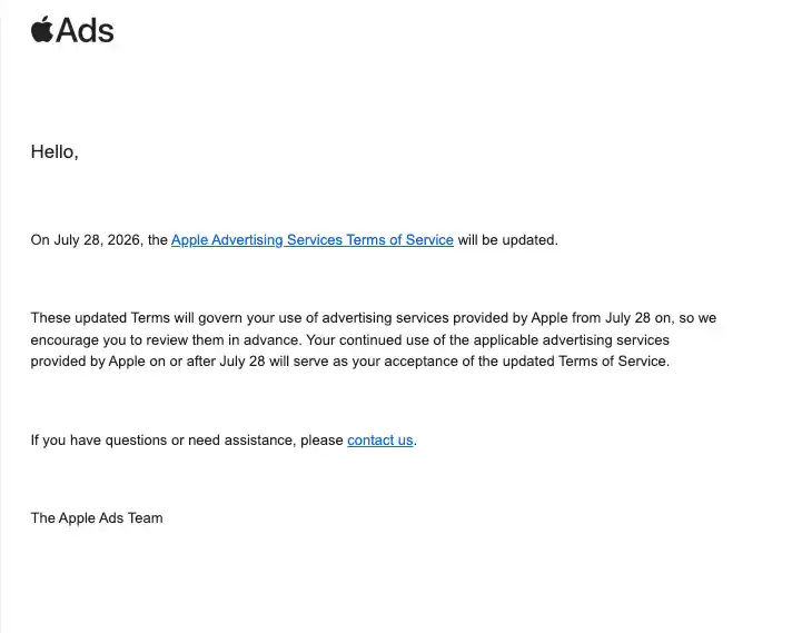 Apple Ads email confirming updated advertising terms will take effect on July 28, 2026.