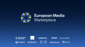 European Media Marketplace logo with founding partner logos on blue background