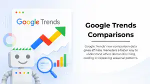 Google Trends comparison graphic with robot, search icon and rising trend chart.