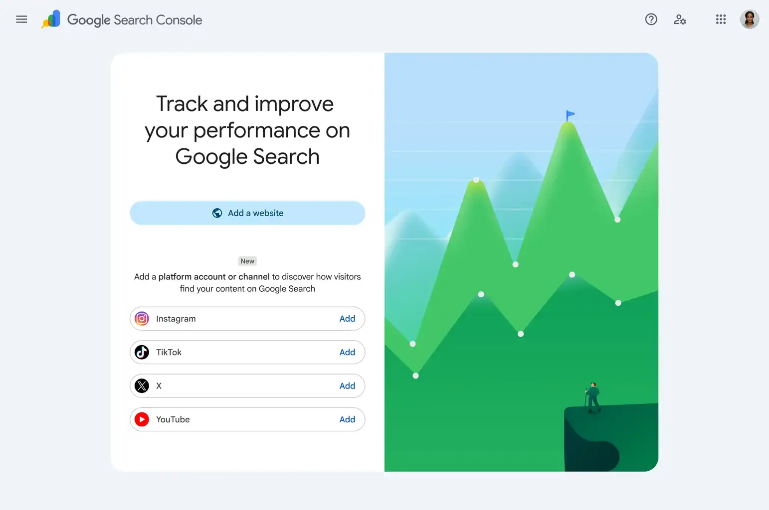 Google Search Console screen showing options to add platform properties for Instagram, TikTok, X and YouTube.