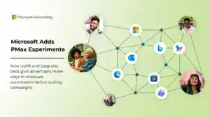 Microsoft Advertising PMax experiments graphic with connected campaign network.