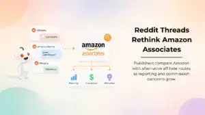 Reddit discussions graphic showing Amazon Associates reporting and affiliate diversification.