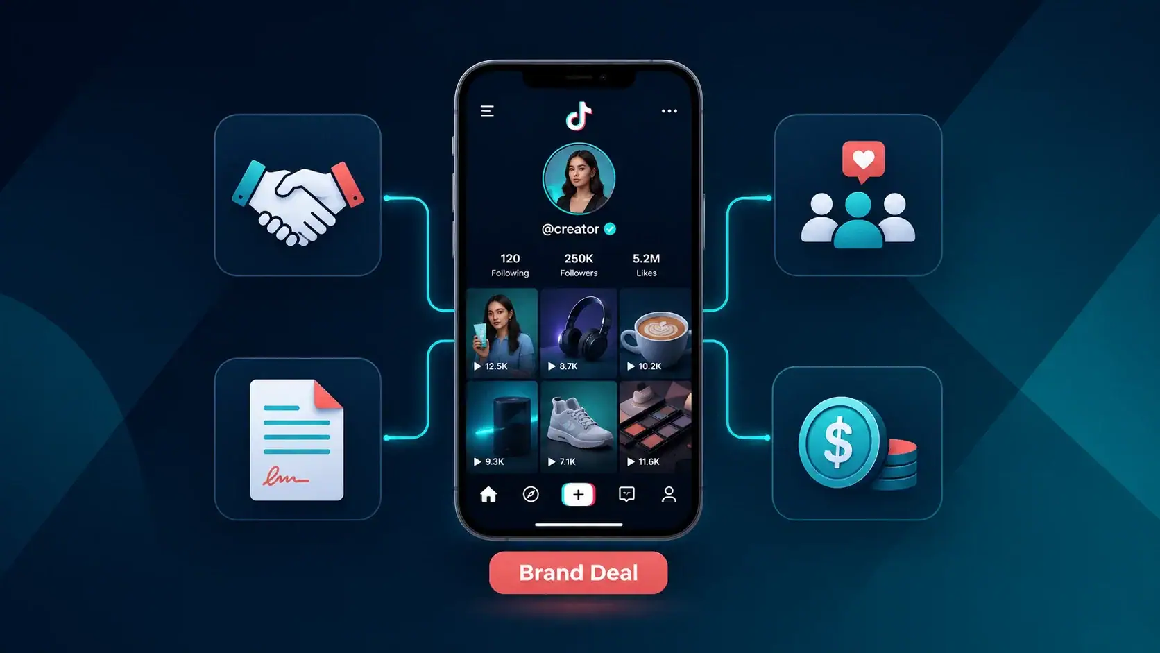 Image of a mobile phone with graphics displaying TikTok brand deals for creators.