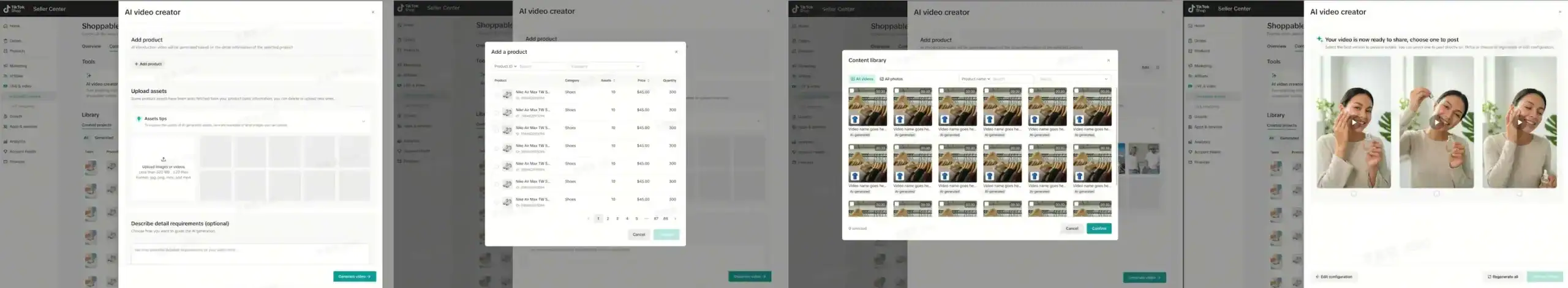 TikTok Seller Center AI Video Maker workflow creating shoppable product videos.