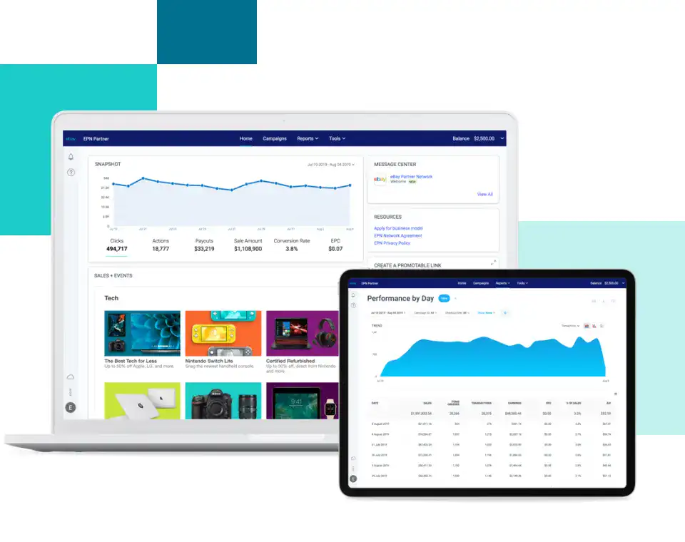 eBay Partner Network dashboard displayed on laptop and tablet screens.