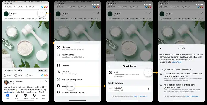 Meta’s “About this ad” menu showing where users can view AI-generated ad disclosures.