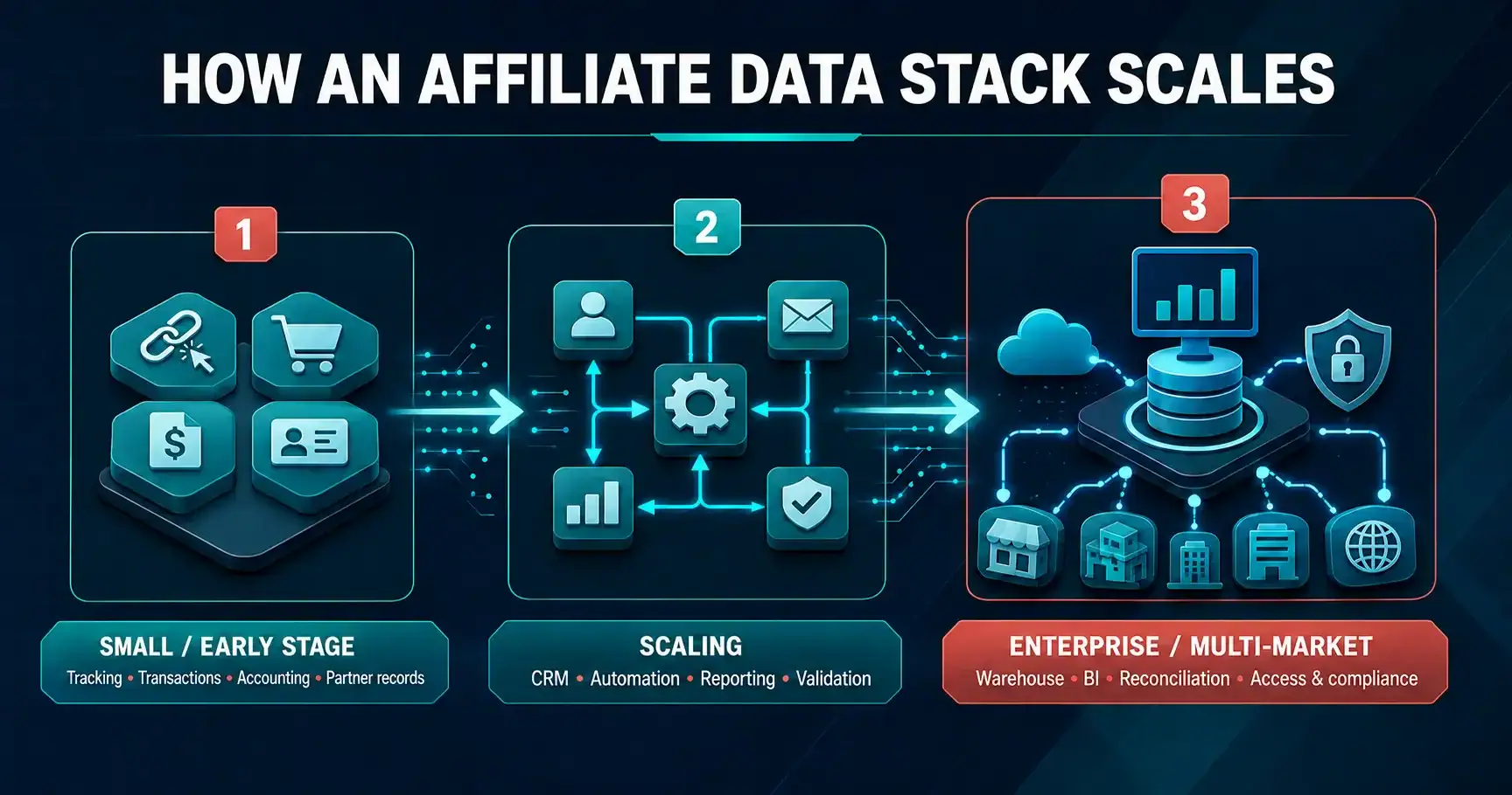 Infographic showing an affiliate data stack evolving from early-stage foundations to scaling automation and enterprise governance.