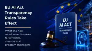 EU AI Act book, gavel and AI icon against an EU flag and regulatory backdrop.