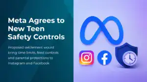 Meta, Instagram and Facebook logos beside a shield and clock representing proposed teen safety controls.