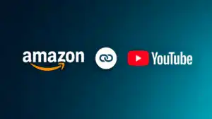 Amazon and YouTube logos connected by a link icon on an Affiverse teal-and-navy background.