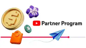 YouTube Partner Program graphic with shopping and creator revenue icons.