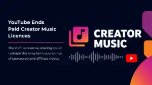 YouTube Creator Music logo beside a colourful audio waveform on a dark navy background.