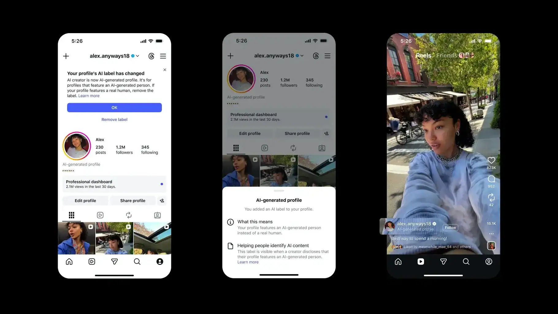 Instagram screens showing an AI-generated profile label on an account page, information panel and Reel.