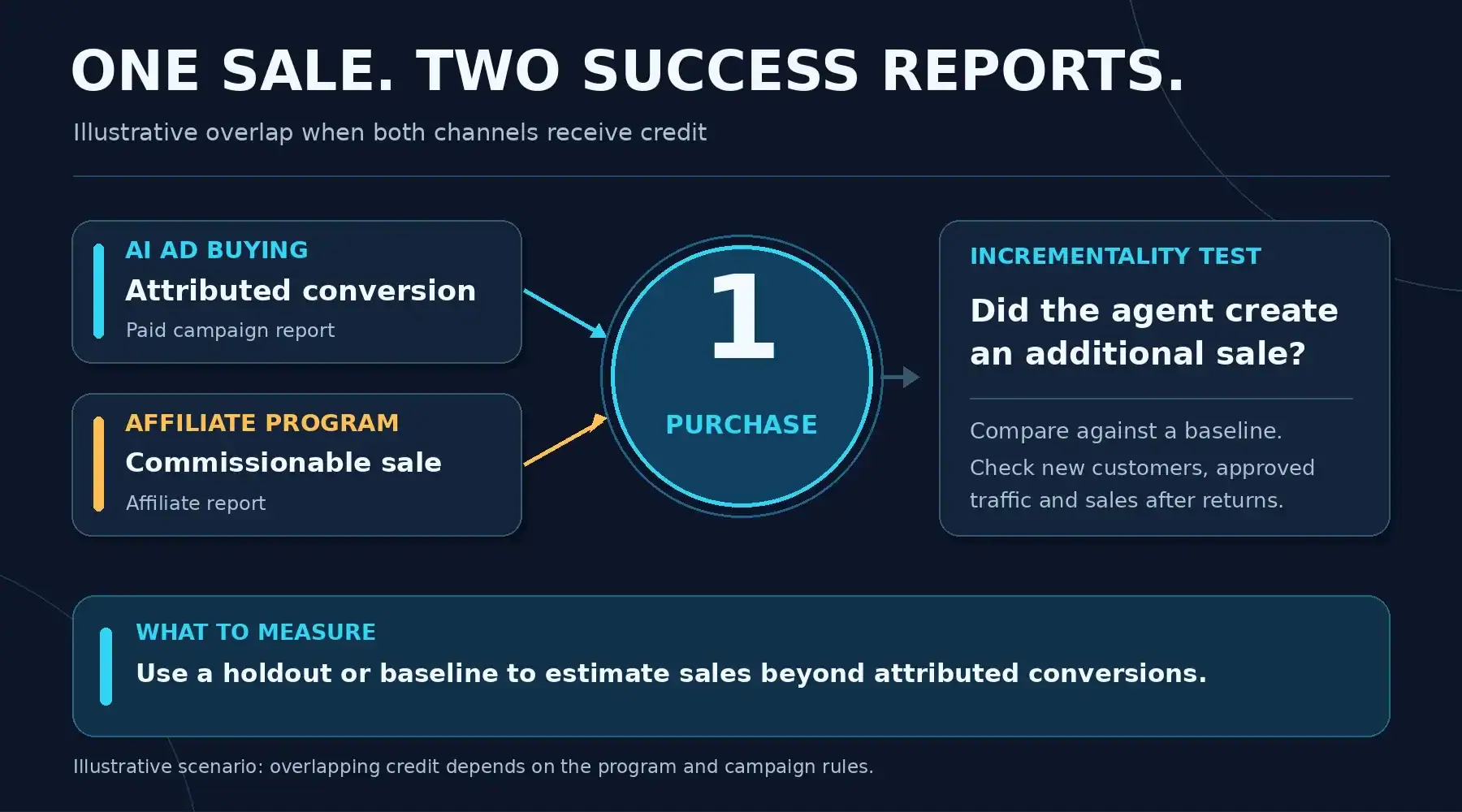 One purchase appears in both ad and affiliate reports, prompting a test of added sales. 