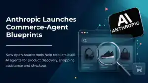 Anthropic commerce-agent graphic showing AI-assisted product discovery and online shopping.