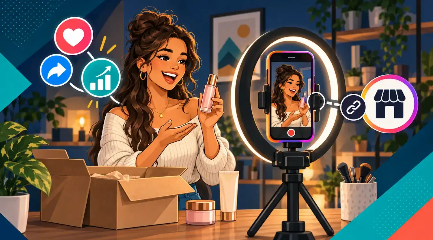 Cartoon creator filming an Instagram product Reel with a brand collaboration and rising engagement.