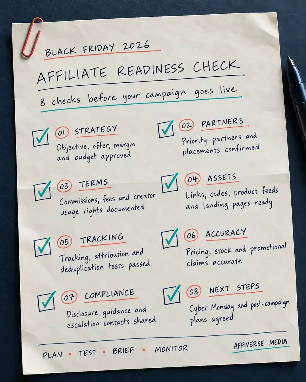 Handwritten Black Friday affiliate readiness checklist on paper beside a pen and paper clip.