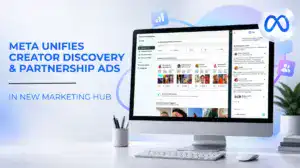 Meta Creator Marketing Hub displayed on a desktop computer with creator discovery and partnership ad tools.