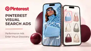 Pinterest visual search interface displaying a selected handbag alongside related sponsored products.