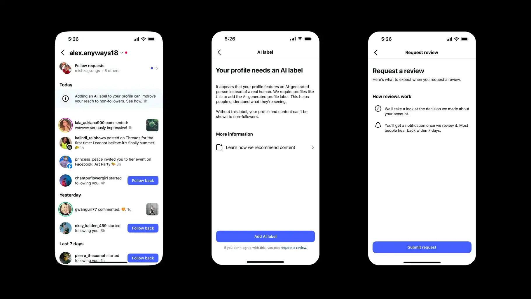 Instagram screens showing an AI-label warning, the option to add the label and the process for requesting a review.