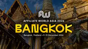 Affiliate World Asia 2026 banner showing an ornate Bangkok temple and guardian statue, dated 9–10 December 2026.