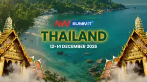 AWSummit Thailand banner featuring a tropical beach and Thai temple roofs, dated 12–14 December 2026.