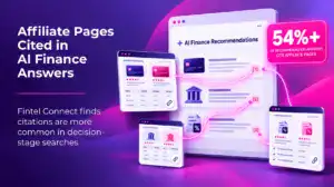 Purple illustration of financial comparison pages linked to source citations in an AI answer.
