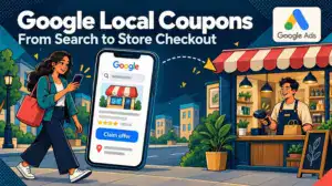 Illustration of a shopper finding a Google Local Coupon and visiting a store to redeem it.