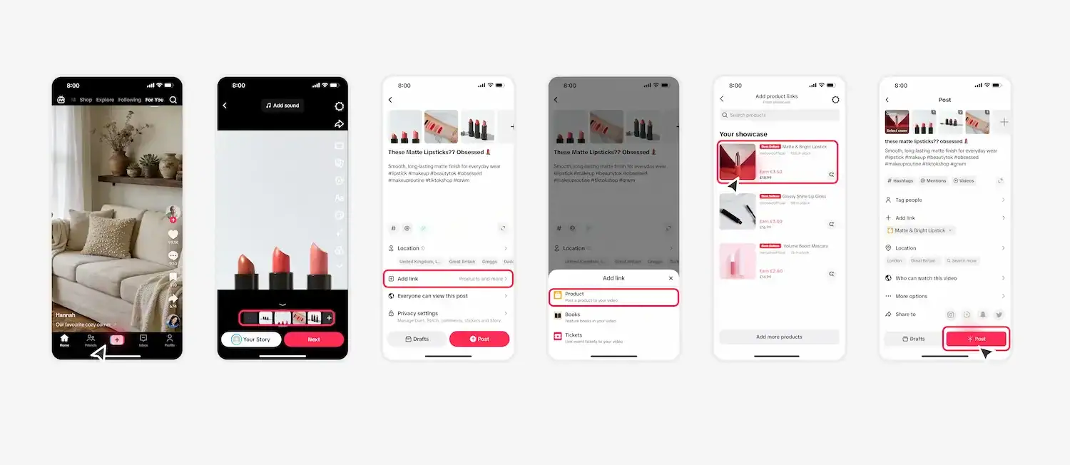 TikTok screenshots showing how to create a shoppable photo carousel and add product links. 
