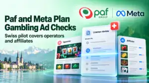 Paf and Meta logos above gambling ad cards and a license review panel with a Swiss flag.