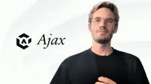 PewDiePie beside the Ajax logo on a pale geometric background.