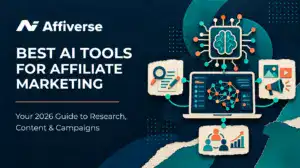 AI affiliate marketing illustration with a neural network, content icons, and reporting tools.