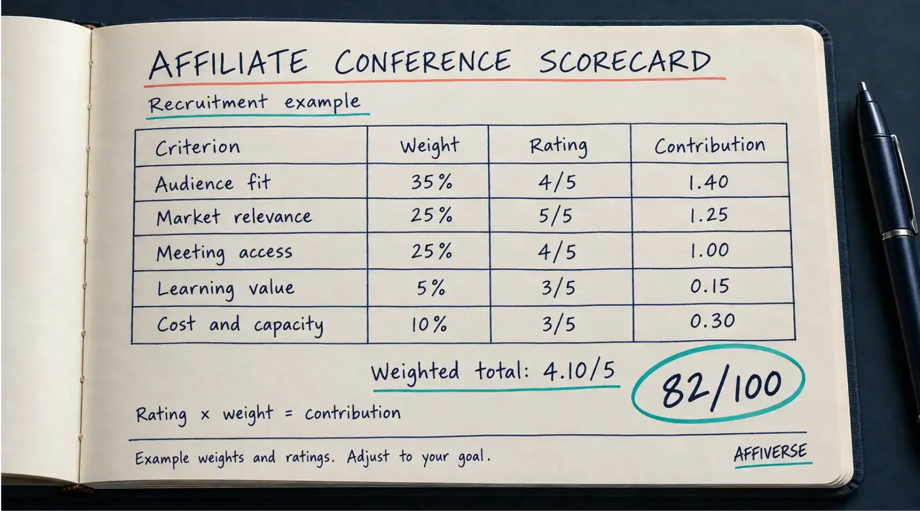 Handwritten affiliate conference scorecard in a notebook, showing a weighted total of 82/100.