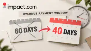 impact.com logo above calendars showing overdue payments changing from 60 to 40 days.